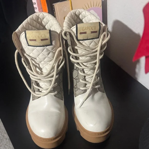 Gucci GG Monogram Combat Boots – White Leather – Size 40 – Authentic